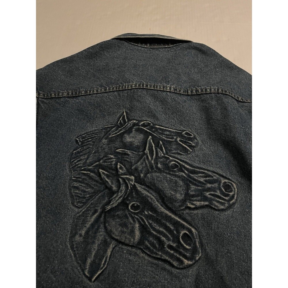 Vintage Tyka Denim Jean Trucker Jacket Horses LARGE Made USA Blue Cotton VTG